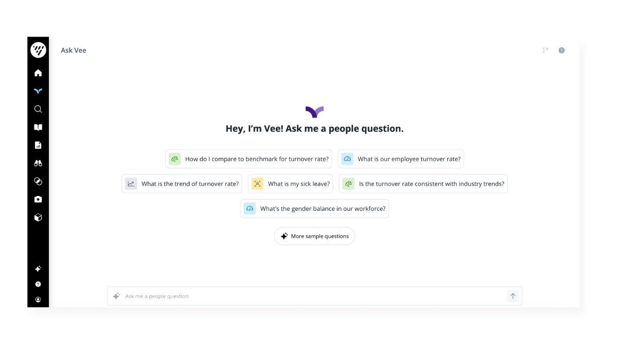 UI showing how to ask Vee any workforce related question to get instant answers in seconds.