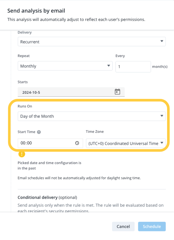 New analysis send options frequency