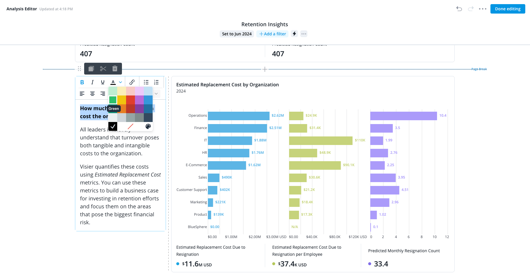 Text formatting in an analysis